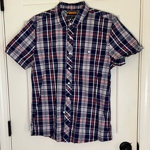 Brooklyn Industries plaid button down short sleeve red white blue shirt Large
